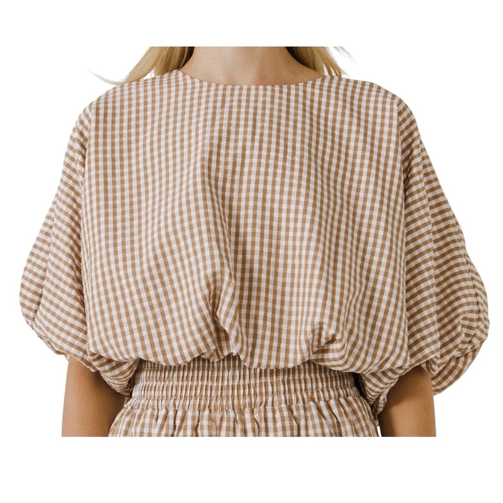ENGLISH FACTORY Brown/White Gingham Check VOLUMINOUS CROPPED TOP Bubble Lined M
